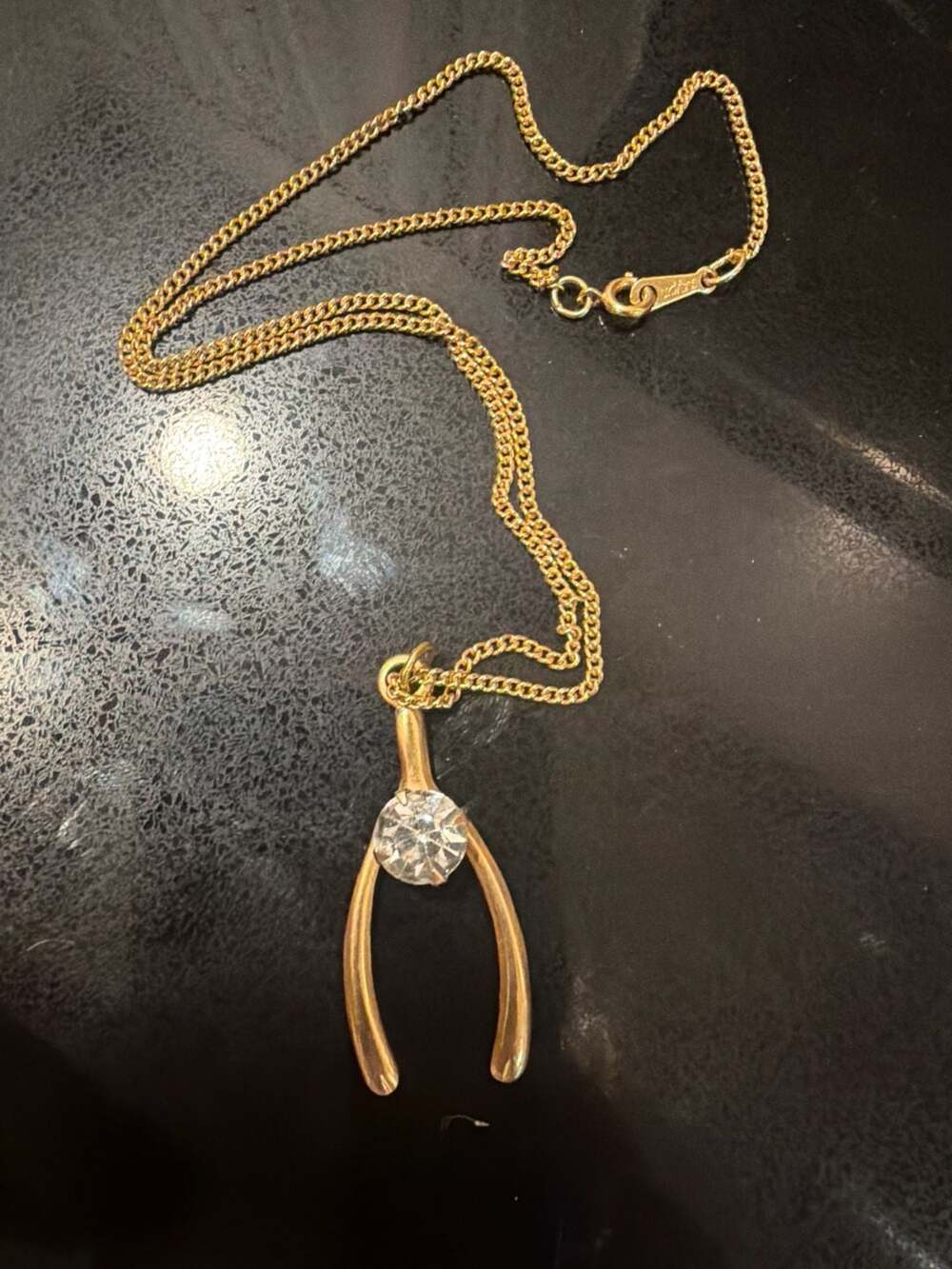 Vintage Avon Gold Tone Wishbone Pendant Necklace with Rhinestone